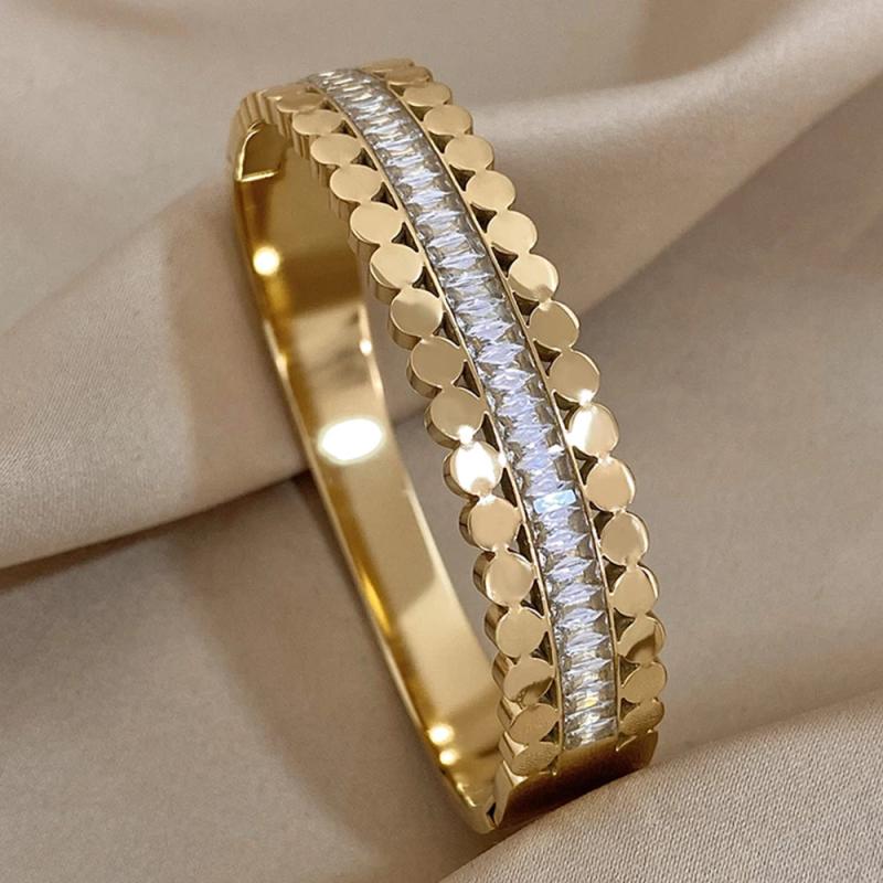 Stainless Steel Bangle Bracelet Zircon Cuff Gold-Plate Friendship Jewelry
