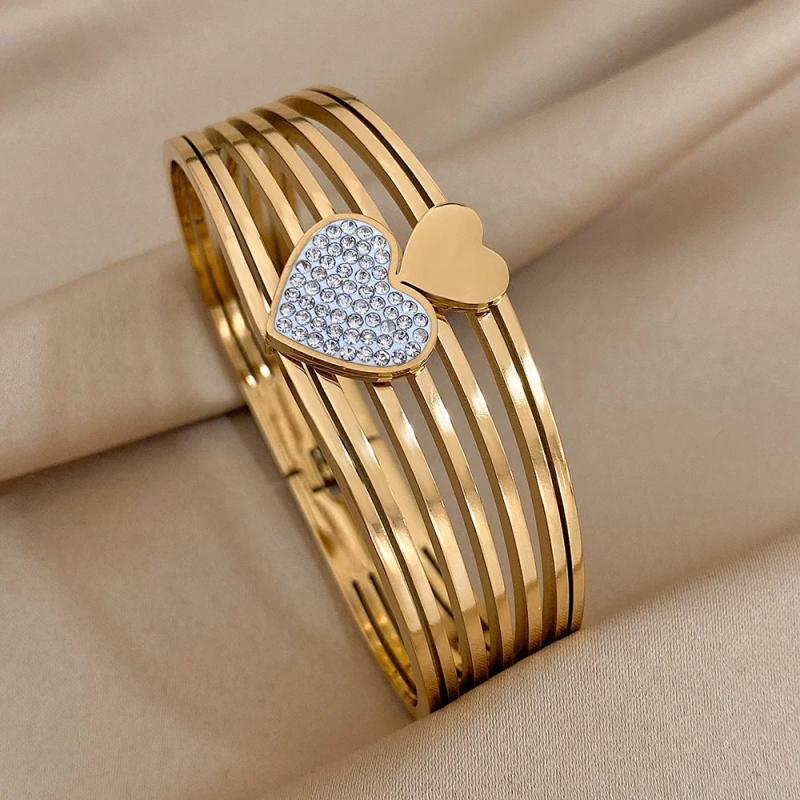 Chunky Double Star Heart Rhinestone Stainless Steel Bangles Bracelet