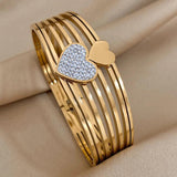 Chunky Double Star Heart Rhinestone Stainless Steel Bangles Bracelet