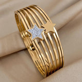 Chunky Double Star Heart Rhinestone Stainless Steel Bangles Bracelet
