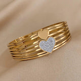 Chunky Double Star Heart Rhinestone Stainless Steel Bangles Bracelet