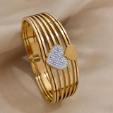 Chunky Double Star Heart Rhinestone Stainless Steel Bangles Bracelet