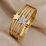 Chunky Double Star Heart Rhinestone Stainless Steel Bangles Bracelet