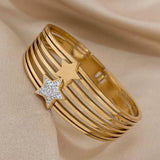Chunky Double Star Heart Rhinestone Stainless Steel Bangles Bracelet