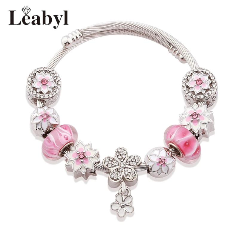 Romantic Cherry Flower Charm Bracelet for Women DIY Plant Bead Jewelry Gift