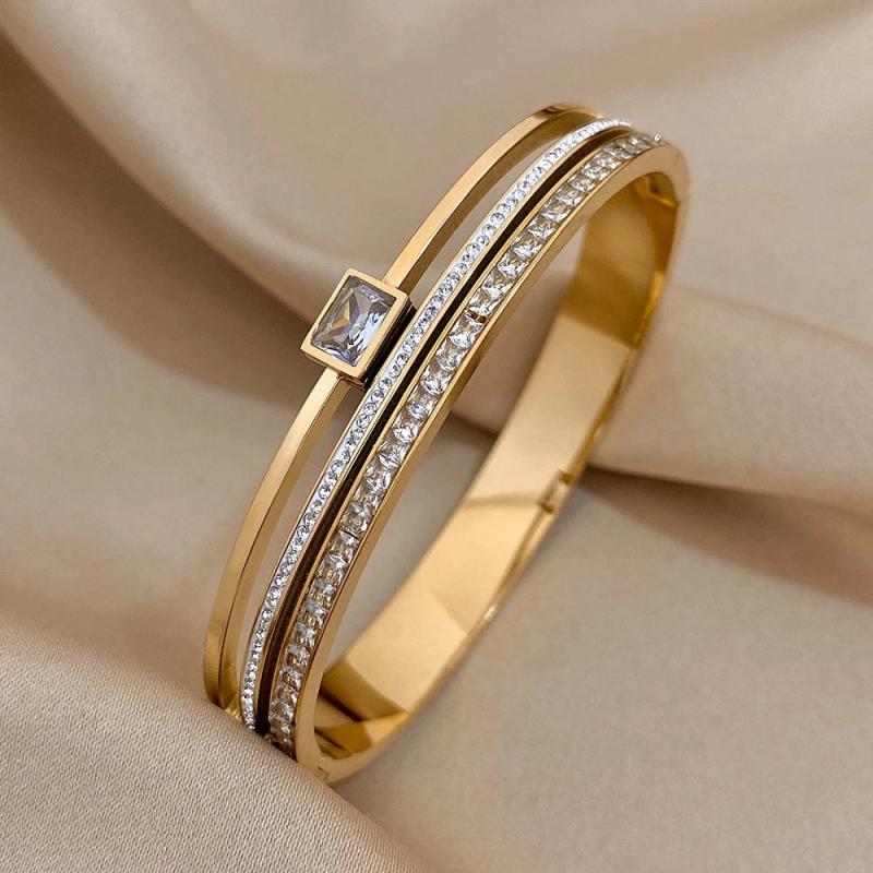 Green Rhinestone Stainless Steel Cuff Bracelet for Women Men