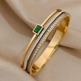 Green Rhinestone Stainless Steel Cuff Bracelet for Women Men