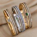 Green Rhinestone Stainless Steel Cuff Bracelet for Women Men