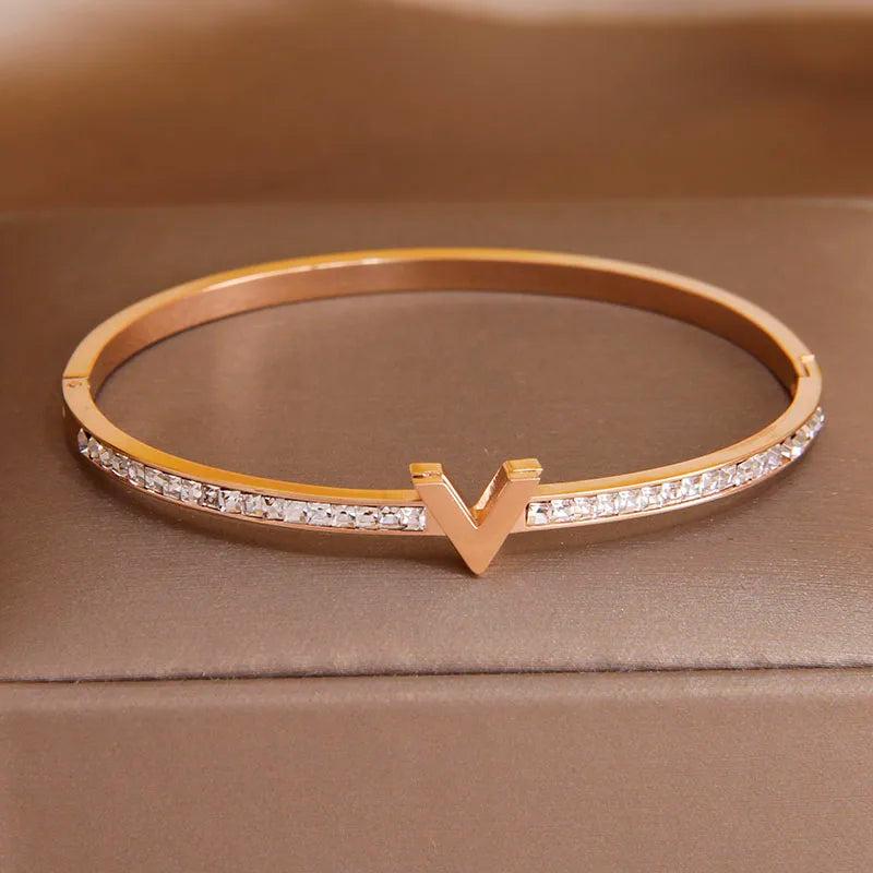 Stainless Steel Letter V Charm Bracelet Crystal Wrist Jewelry
