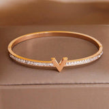 Stainless Steel Letter V Charm Bracelet Crystal Wrist Jewelry
