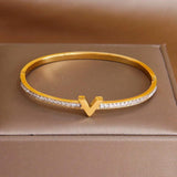 Stainless Steel Letter V Charm Bracelet Crystal Wrist Jewelry