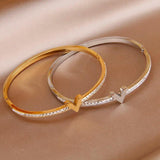 Stainless Steel Letter V Charm Bracelet Crystal Wrist Jewelry