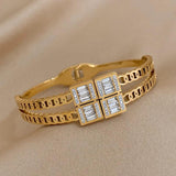 Stainless Steel Cuff Bracelet Bangle Square CZ Gemstone Chain Bracelets