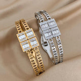 Stainless Steel Cuff Bracelet Bangle Square CZ Gemstone Chain Bracelets