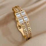 Stainless Steel Cuff Bracelet Bangle Square CZ Gemstone Chain Bracelets