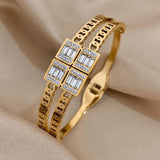 Stainless Steel Cuff Bracelet Bangle Square CZ Gemstone Chain Bracelets