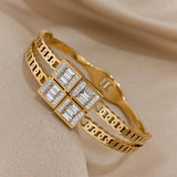 Stainless Steel Cuff Bracelet Bangle Square CZ Gemstone Chain Bracelets