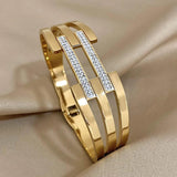 Double Layer Rhinestone Cuff Bracelet Charm Golden Wristband Bangle