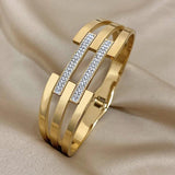 Double Layer Rhinestone Cuff Bracelet Charm Golden Wristband Bangle