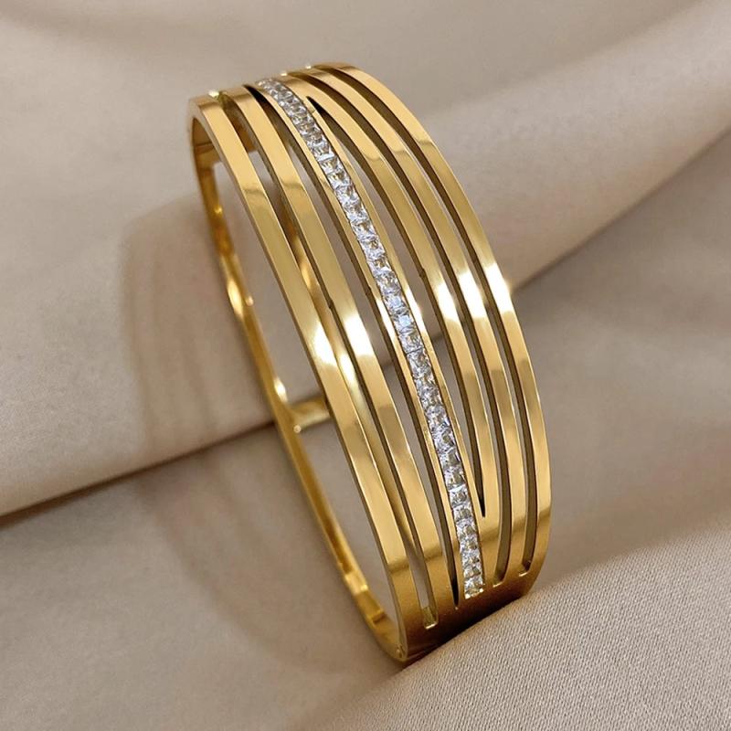 Stainless Steel Zircon Multi-Layered Hollow Wide Bangles Bracelets