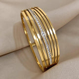 Stainless Steel Zircon Multi-Layered Hollow Wide Bangles Bracelets
