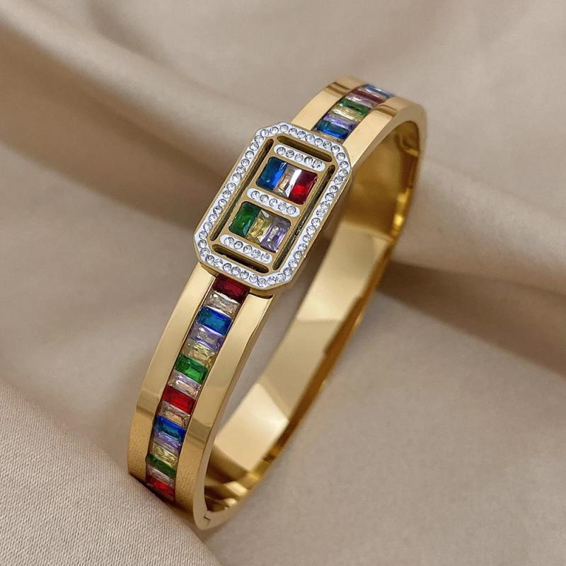 Rainbow Crystal Charm Love Bracelet CZ Heart Stainless Steel Bangle