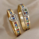 Rainbow Crystal Charm Love Bracelet CZ Heart Stainless Steel Bangle