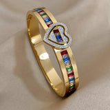 Rainbow Crystal Charm Love Bracelet CZ Heart Stainless Steel Bangle