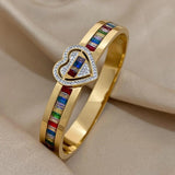 Rainbow Crystal Charm Love Bracelet CZ Heart Stainless Steel Bangle