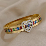 Rainbow Crystal Charm Love Bracelet CZ Heart Stainless Steel Bangle