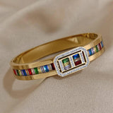 Rainbow Crystal Charm Love Bracelet CZ Heart Stainless Steel Bangle