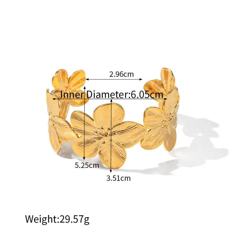 Minar Metallic Flowers Cuff Bracelet PVD Plated Stainless Steel Wide Bangle