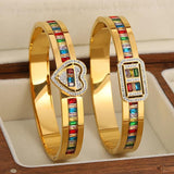 Multicolor Zirconia Heart Bracelet Wide Cuff Bangle Stainless Steel