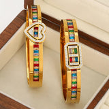 Multicolor Zirconia Heart Bracelet Wide Cuff Bangle Stainless Steel