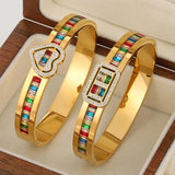 Multicolor Zirconia Heart Bracelet Wide Cuff Bangle Stainless Steel