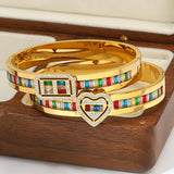 Multicolor Zirconia Heart Bracelet Wide Cuff Bangle Stainless Steel
