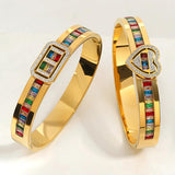 Multicolor Zirconia Heart Bracelet Wide Cuff Bangle Stainless Steel