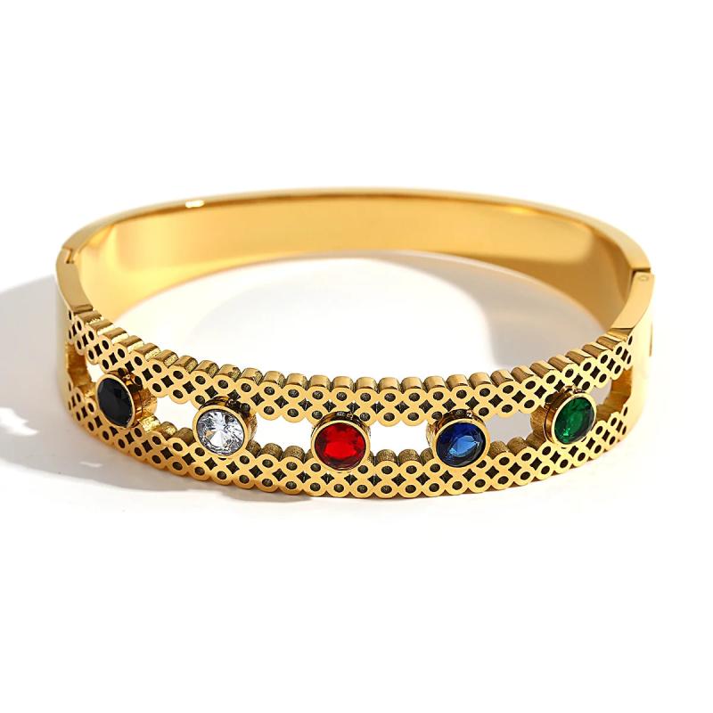 Stainless Steel Wide Bangles Bracelet with Colorful Crystals
