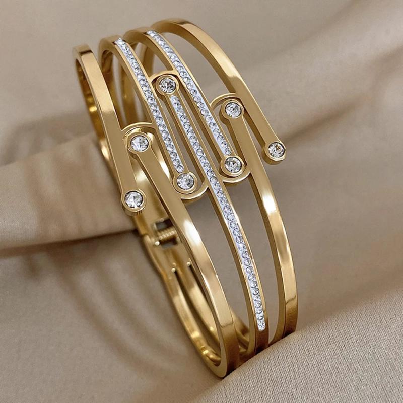 Zircon Stainless Steel Wide Bangles Bracelet Women Chunky Charm Wrist Jewelry