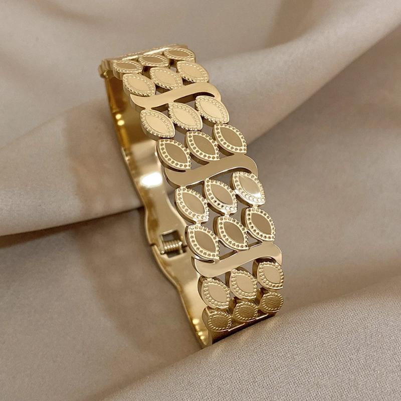 Vintage Stainless Steel Wide Bracelet Bangle with Multiple Rows Wheat Leaves