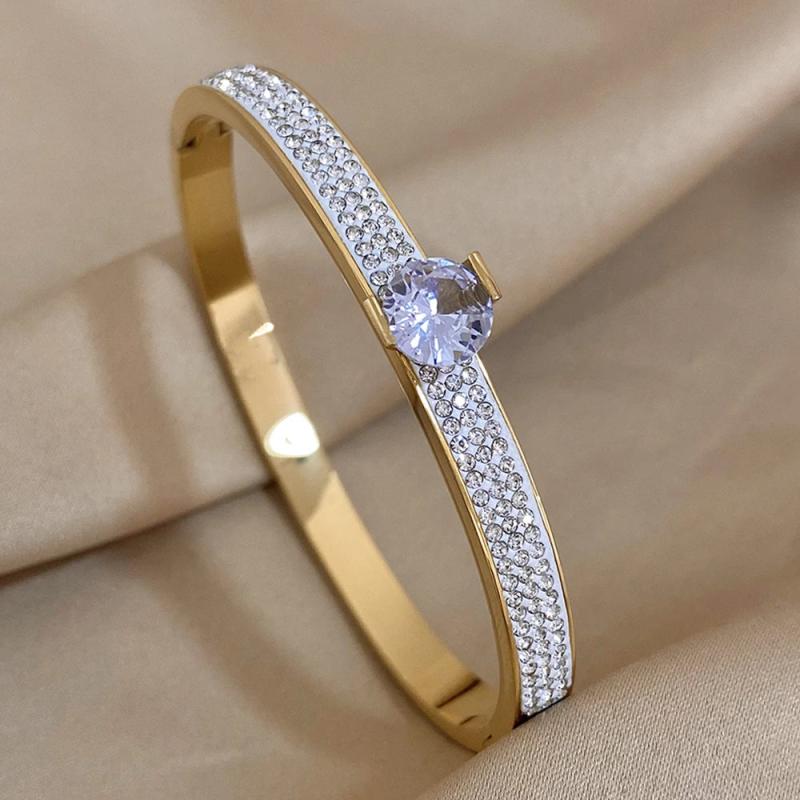 18K Plated Rhinestone Bracelet, Stainless Steel, Thin Charm Ba
