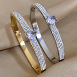 18K Plated Rhinestone Bracelet, Stainless Steel, Thin Charm Ba
