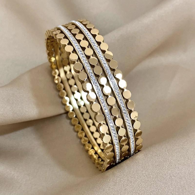 Layered Inlaid Rhinestone Stainless Steel Bangle Silver Bracelets Bangles