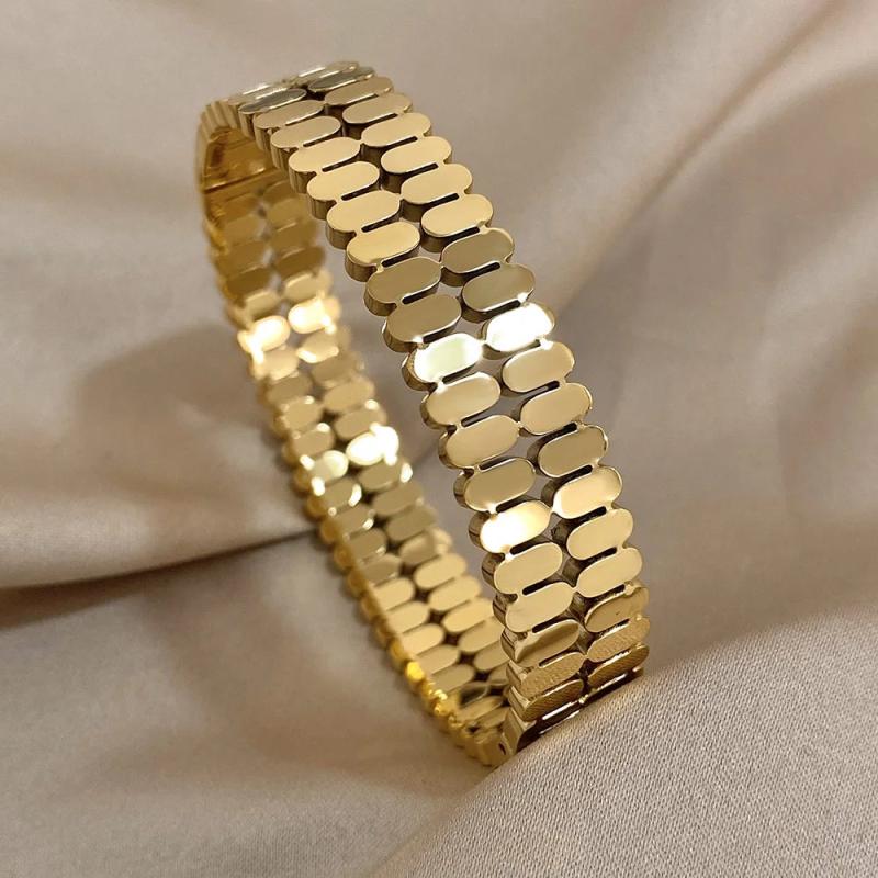 Doublelayer Oval Metal Beads Stainless Steel Bangle For Women