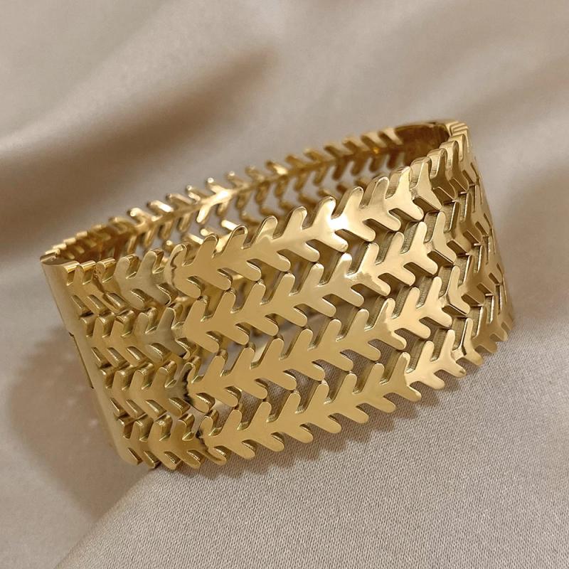 Leaf Stainless Steel Wide Cuff Bangle Bracelet Silver Plated Metal Jewelry