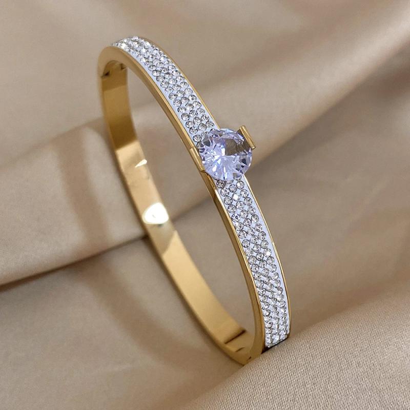 Rhinestone CZ Charm Steel Cuff Bracelet for Women