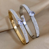 Rhinestone CZ Charm Steel Cuff Bracelet for Women