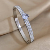 Rhinestone CZ Charm Steel Cuff Bracelet for Women