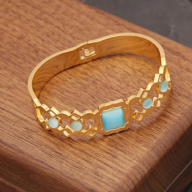 316L Stainless Steel Cat Eye Bangle Bracelet Retro Hollow Out Jewelry