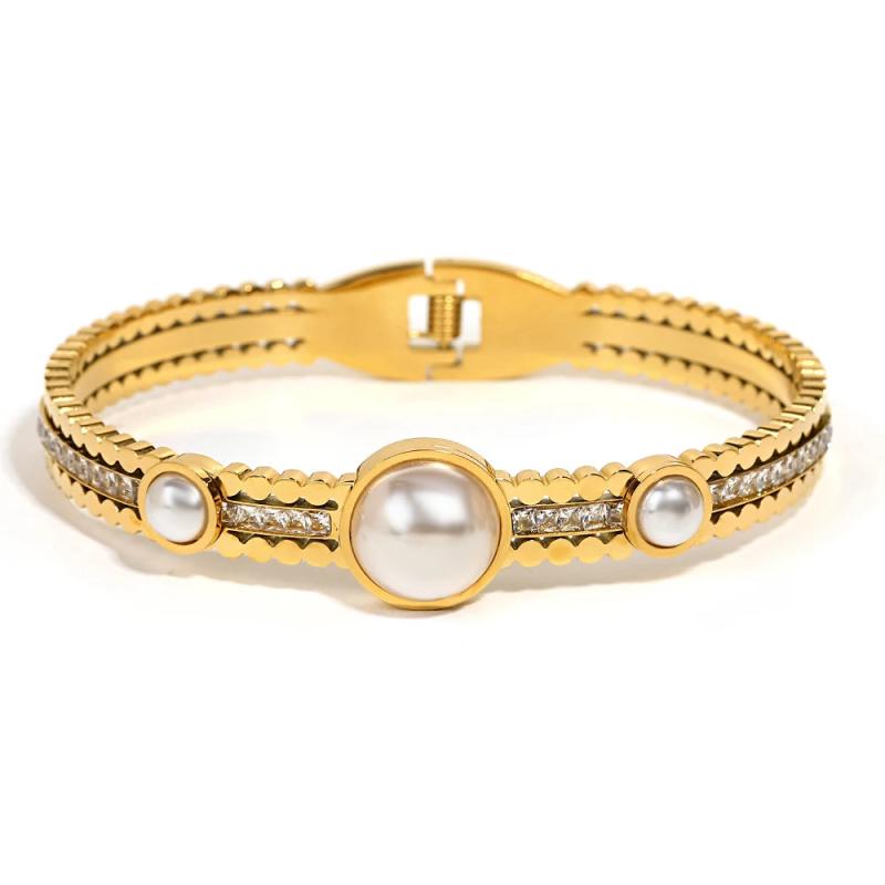 Stainless Steel Round Pearl Bangles Bracelets for Women